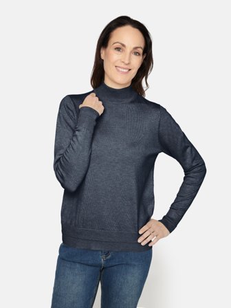 JENSEN - Langærmet Strik - Mørk Blå Melange - Høj Hals