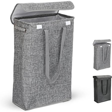 Smal tvättkorg med lock, tunn tvättkorg med handtag, klädinsamlare, grå