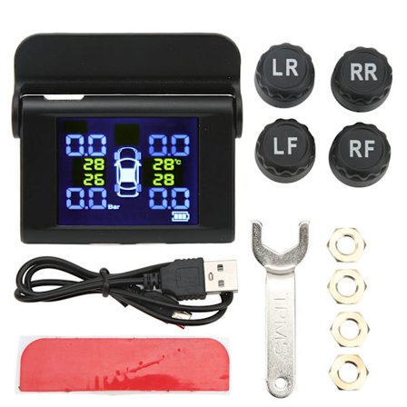 Trådløst dekktrykkovervåkingssystem med stor skjerm, solenergi, TPMS-monitor med 4 eksterne sensorer for bobiler, biler og lastebiler