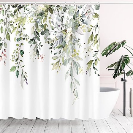 Grön Eucalyptus Duschdraperi med Akvarellblad och Blommor