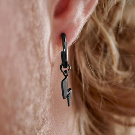 Pendiente de aro de acero negro con colgante de rayo para hombres - Pendientes de aro con colgante