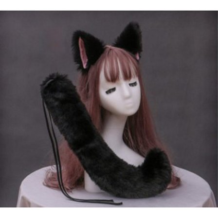Faux pels ulveører pandebånd og furry Anmimal lang hale sæt Halloween fest anime Lolita maske cosplay kostume(sort hvid)
