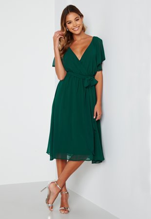 Goddiva - Flutter Chiffon Midi Dress - Dark green - Kläder - - Bubbleroom