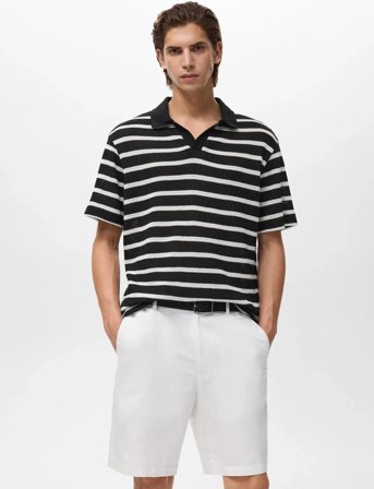 Mango Striped Braided Knit Polo Shirt - Black - S