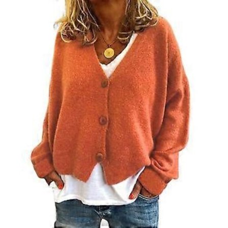 Dame Sweater Frakke V-Hals Langærmet Enkeltknappet Strik Sweater Ensfarvet Løs Pasform Sweater Cardigan (XL orange)