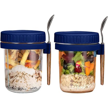 2-delt sett med glass for overnattsgrøt med lokk og skje, gjenbrukbar glassbeholder for grøt med skala, frokostbeholder for oppbevaring av melk, korn,