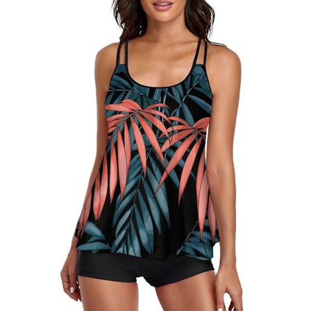 Flowy Tankini badedragt til kvinder, badedragt med mave, todelt badedragt, tanktop med shorts, røde blade, Xxl (FMY)