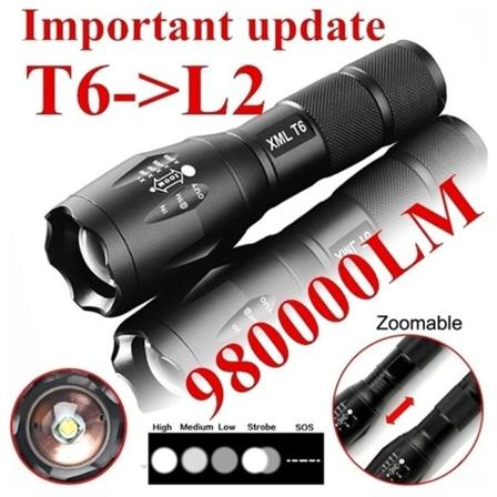 T6 Taktisk Militær LED-lommelykt 980000LM Zoombar 5-modus Svart