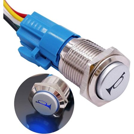 16mm Hornknap Momentary Trykknap 12V Hornkontakt Nulstillingsknap med Blå LED-lys med Stik til Bil Lastbil LBG16-BU