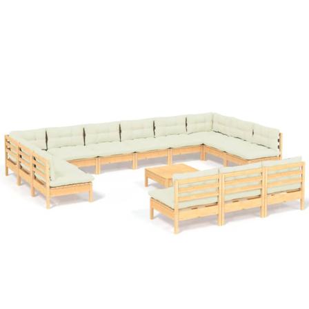 Vidaxl Loungegrupp Med Gräddvita Dynor 14 Delar Massiv Furu Creme
