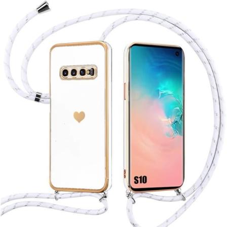 Fodral till Samsung Galaxy S10 White Soft TPU Stötsäkert Anti-Rapch Heart Mönster med justerbar axelrem