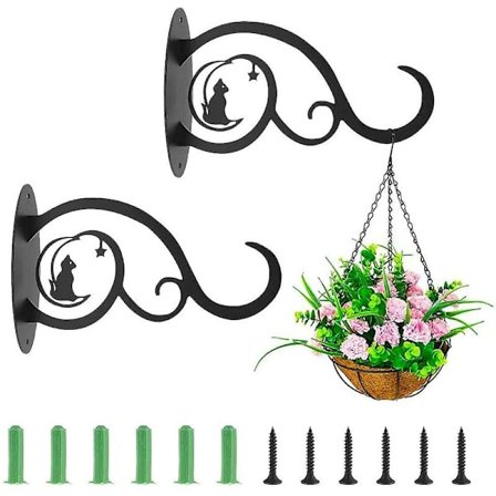 Planteholder og brett, metall smidd jern hengende kurv kroker, 2 stk 21 x 13,5 cm, for plantehage balkong, svart