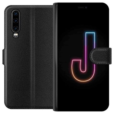 Kompatibelt Plånboksfodral till Huawei Huawei P30 Minimalistisk neonbokstav J i färgskiftande ljus mot svart bakgrund