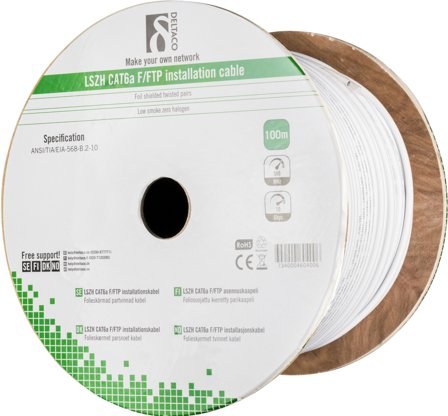 Deltaco F/FTP Cat6a installasjonskabel 100m trommel