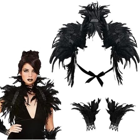 Kvinnors Naturfjäderkappa med Handledsmanchetter, Kostym Gotisk Snörning Sjal Bolero Krage, Halloween Kostymtillbehör Svart