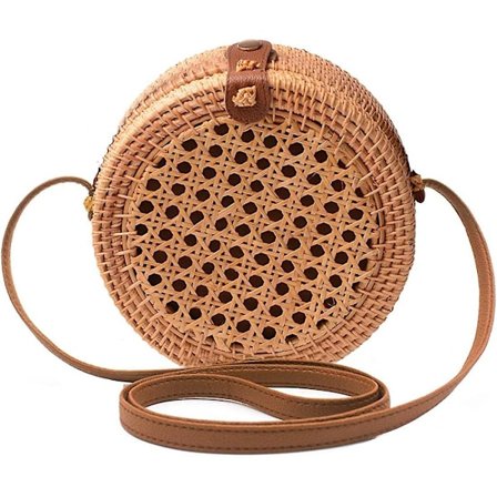 Handwoven Round Rattan Bag Shoulder Leather Straps Natural Chic Hand Great Gift For Mom And Girlfriend