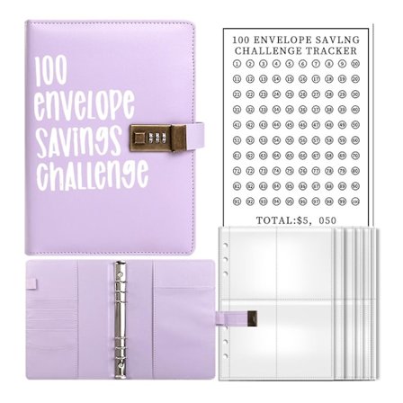 Anteckningsbok med 100 kuvertutmaningar med lösenordslås Funny Way Pengar Spara utmaningar Box för förvaring av kontanter (lila)