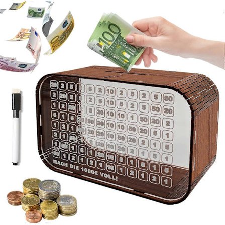 Gjennomsiktig sparegris i akryl og tre med måltall - Med viskbar penn og sparemål - Egnet for voksne og barn