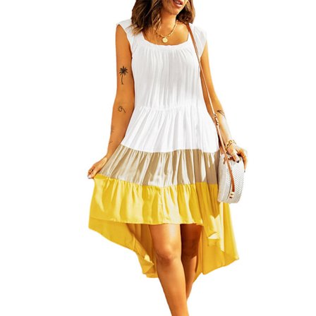 Kvinners sommerlige ermeløse volang høy lav kjole firkantet hals midi kjole casual