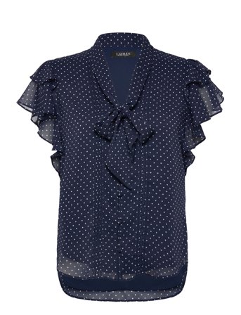 Lauren Ralph Lauren Polka-Dot Georgette Tie-Neck Blouse - Navy - XL