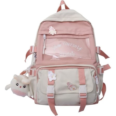 Kawaii Reppu Opiskelijan Koululaukku Suuri Tilavuus Työkalutyylinen Reppu Ompeleminen Söpö Tyttö Kampusreppu (vaaleanpunainen)