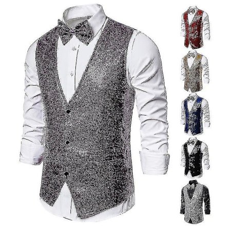 Glänsande paljettväst för män, V-ringad kostymväst