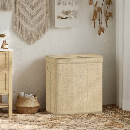 Tvättkorg med två sektioner och lock i bambu med 130 liter - Beige