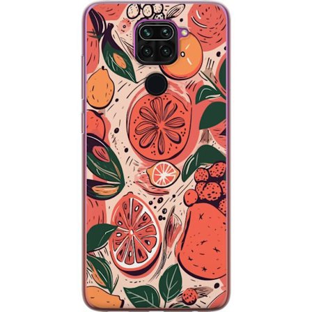 Yhteensopiva Puhelinkuori Xiaomi Redmi Note 9 Käsin piirretty kollaasi sitrushedelmistä, lehdistä ja marjoista lämpimässä vaaleanpunaisessa ja o