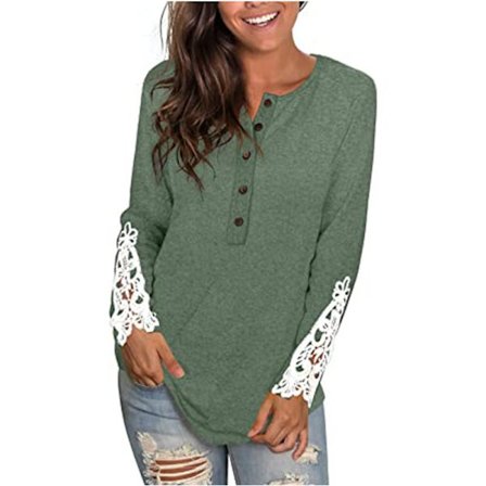 Womens Langærmet Ensfarget Rund Hals Blonder Knapper Tunika Topper Henley Sh