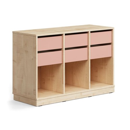 Student storage CASPER, 6 drawers, 3 compartments, base frame, birch/dark pink
