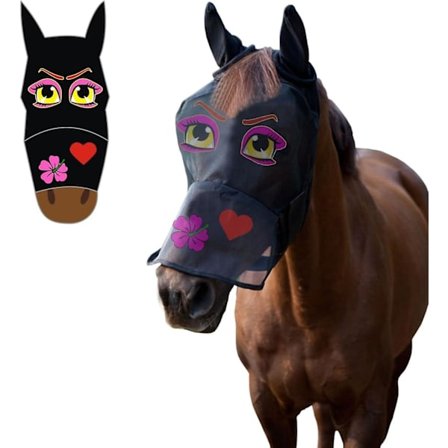 Hest Pony Cob Fluemaske Nett Slør Hette Full Face Tegneserie Polyester Ører Nese Beskyttelse (Tegneserie Rosa Øyne, Full)