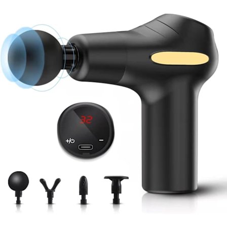 Massagepistol, 3200 RPM, med 32 hastighetsnivåer och 4 massagehuvuden, Lätt att bära, Typ-C laddningsbar för smärtlindring och avkoppling