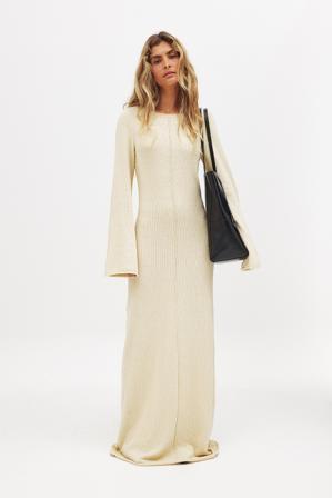 NA-KD Finstickad maxiklänning - Långärmade maxiklänningar - Beige - XL (EU 46)