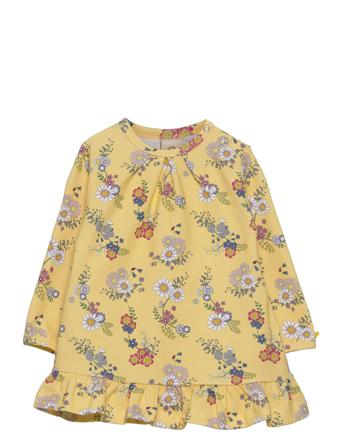 Dress Ls W. Frills, Flower Garden, Soft Yellow Dresses & Skirts Dresses Baby Dresses Long-sleeved Baby Dresses Multi/mönstrad Smallstuff