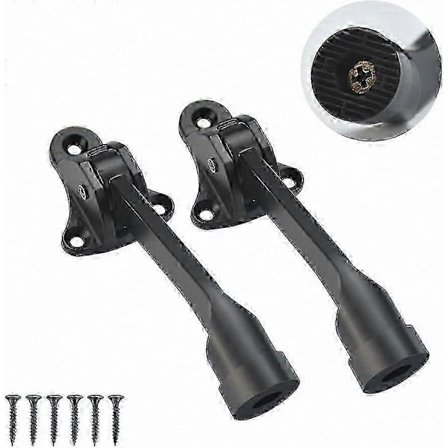 Svart dørstopper-sett i metall med fjærmekanisme og installasjonsskruer