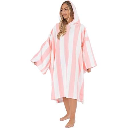 Stribet poncho håndklæde til voksne med hætte og oversized badekåbe i blush pink