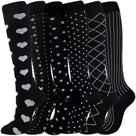 Kompresjonsstrømper for kvinner og menn, 6 par høye flystrømper kompresjonsstrømper sirkulasjonsstøttestrømper S/M