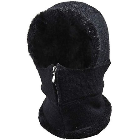 Høst- og vinterlue i strikk for damer med glidelås, fleece, vindtett skjerf