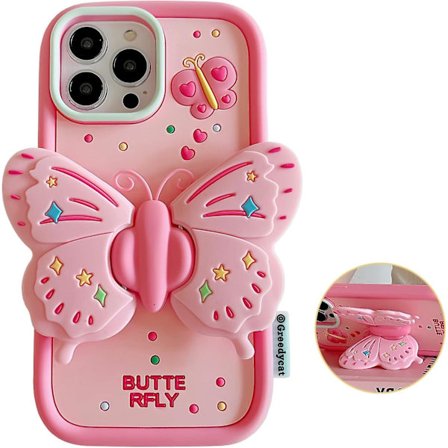 3d Butterfly Cute Cartoon Bracket Rosa Barbie Mjukt Case För Iphone 15 Pro Max/15 Pro/15 Plus/15 Julklapp till Kvinnor Flickor