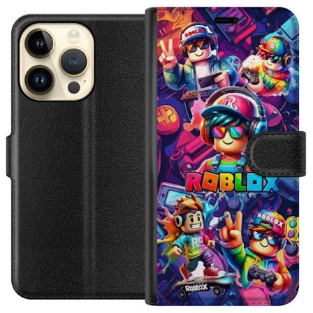 Kompatibel Tegnebogsetui til Apple Apple iPhone 15 Pro Farverig Roblox gaming gruppe med hovedtelefoner, controllere og neonfarver perfekt til børn o