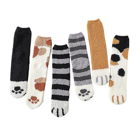 6 par Coral Fleece Cat Paw strumpor för kvinnor, av fluffiga strumpor, hemstrumpor