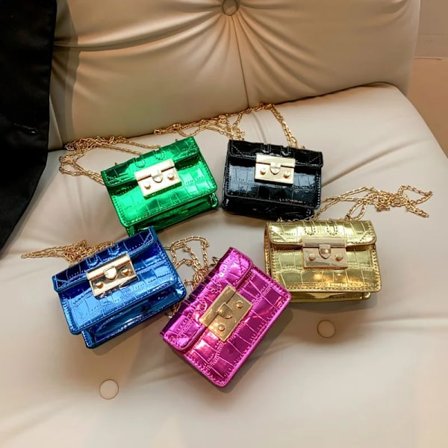 Lady Mini Patent Leather Sling Bag Women Girls Cute Shiny Crocodile Pattern Crossbody Purse Gold Chain Mini Coin Bag