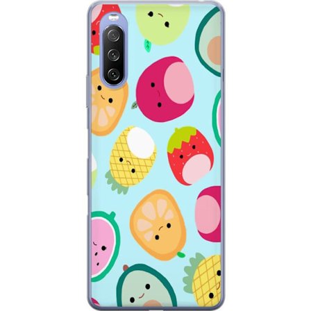 Yhteensopiva Puhelinkuori Sony Xperia 10 III Lite Kawaii-hedelmien kuvioita, kuten mansikkaa, sitruunaa, ananasta ja avokadoa vaaleansinisellä taustal