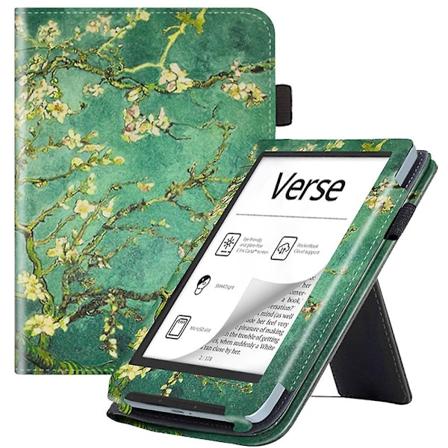 E-leserdeksel med kickstand for PocketBook Verse PB629, PU-lær, klaff, automatisk vekke/sove Plum Blossom Green