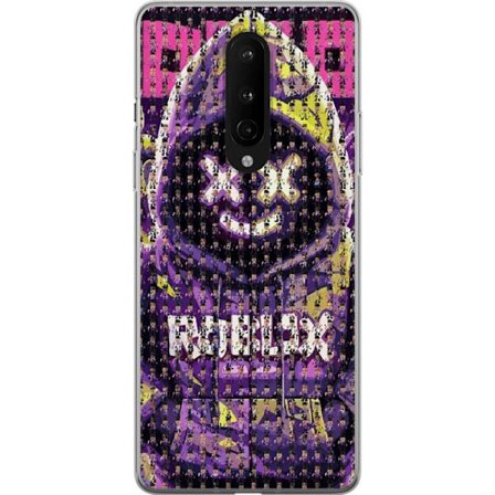 Yhteensopiva Puhelinkuori OnePlus OnePlus 8 Roblox-huppari suunniteltu sadoista pienistä Roblox-hahmoista, luova mosaiikkisuunnittelu lila ja keltain