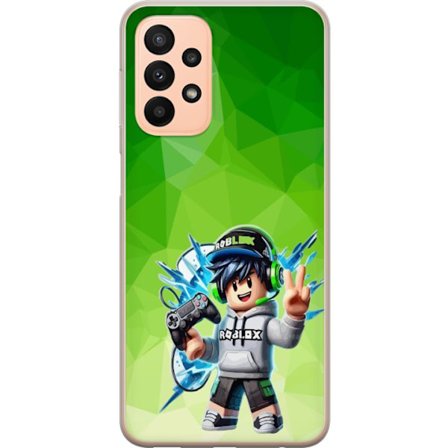 Kompatibelt Mobildeksel til Samsung Galaxy A23 5G Roblox-inspirert gamerfigur med headset, håndkontroll og energiske effekter mot grønn bakgrunn