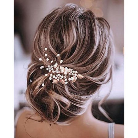 Brude Bryllup Hår Vin Sølv Perle Brude Hårpynt Blad Hår Tilbehør for Kvinner og Jenter (B-Rose Gold)_xx