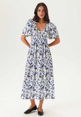 BUBBLEROOM - Butterfly Tie Back Midi Dress - Blue/Floral