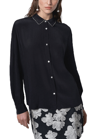 French Connection Lizzy Eco Crepe Diamante Collar Long Sleeve Shirt Tröjor Dam Svart M