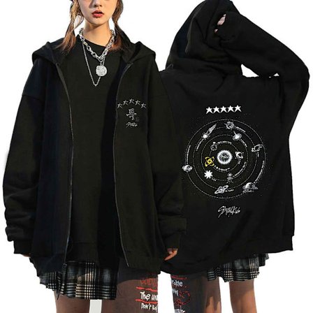 Koreanska stjärngruppen Stray Kids hoodie herr huvtröja Svart 2{ROG}